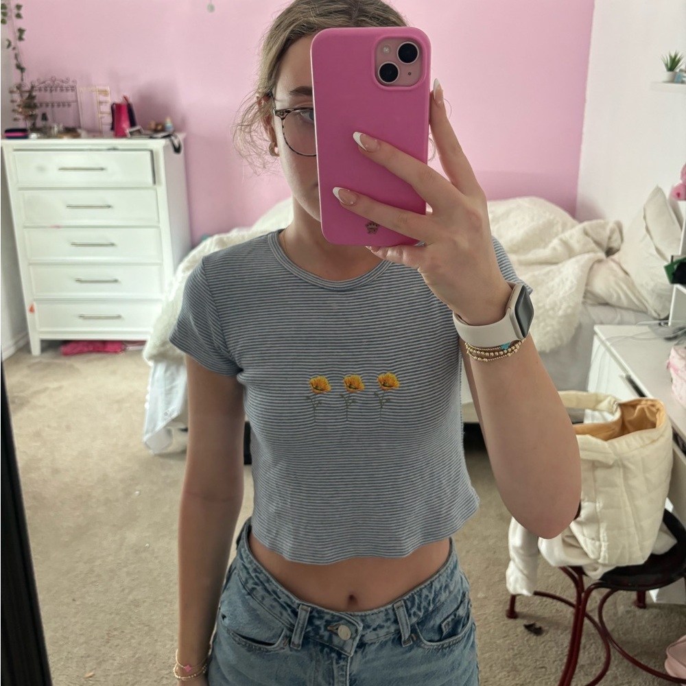 Brandy Melville blue and white striped top three yellow flowers